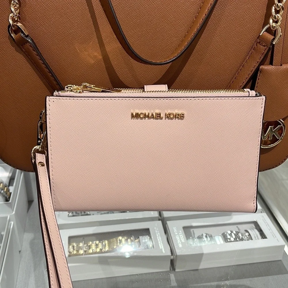 MICHAEL KORS LARGE DOUBLE ZIP WRISTLET WALLET PHONE CASE CLUTCH Powder Blush
